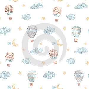 Watercolor seamless pattern with air baloons, sky, clouds, stars, in cute baby stitch embroidery style. Ready print for