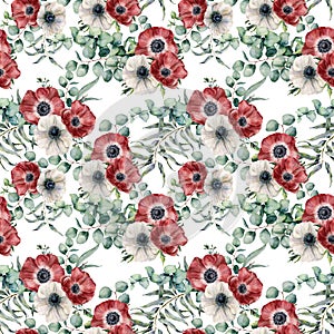 Watercolor seamless pattern with anemone and eucalyptus leaves. Hand painted red and white anemones, green brunch on