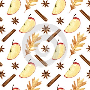Watercolor seamless pattern with apple slice, oak leaf, star anise, and cinnamon
