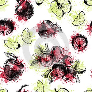 Watercolor Seamless pattern with apples. Vector sketch