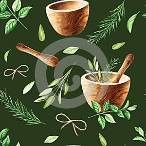 Watercolor seamless pattern with aromatic herbs and wooden mortar and pestle. Illustrations of fresh rosemary, mint