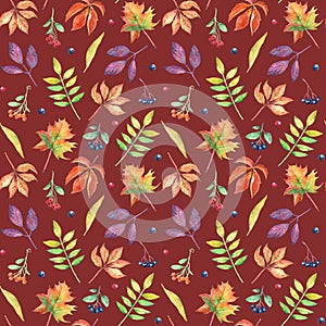 Watercolor seamless pattern with autumn elements.