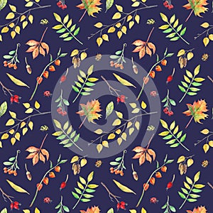 Watercolor seamless pattern with autumn elements.