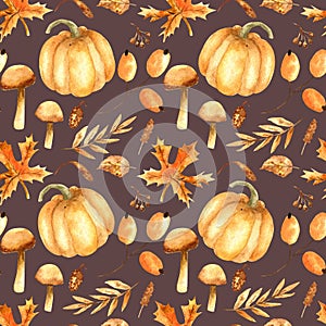 Watercolor seamless pattern of autumn elements. Cute fall harvest background. Thanksgiving print.