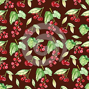 Watercolor seamless pattern autumn,  fall ornament with leaves and barries on dark background. Greenery floral for wedding invitat