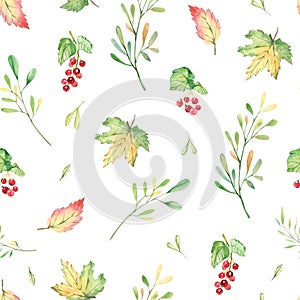 Watercolor seamless pattern autumn,  fall ornament with leaves, branches and barries. Greenery floral for wedding invitations, hol