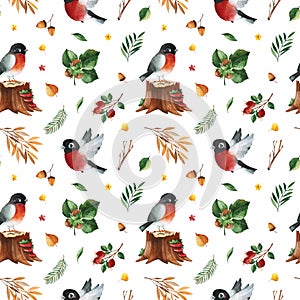 Watercolor seamless pattern with autumn leaves,branches,bullfinches,acorns,berries