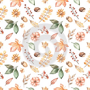 Watercolor seamless pattern with autumn leaves, flowers, berries, acorn, chestnut on a white background