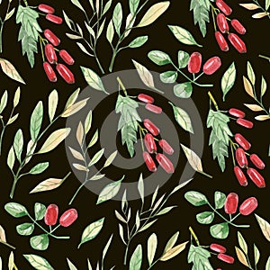 Watercolor seamless pattern autumn ornament with leaves and branches on dark background. Greenery floral, red barries for wedding