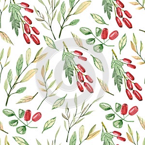 Watercolor seamless pattern autumn ornament with leaves and branches. Greenery floral, red barries for wedding invitations, holida