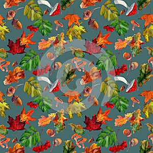 Watercolor seamless pattern with autumn red rowan, yellow maple foliage, oak leaves, acorns on blue background.