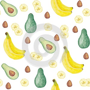 Watercolor seamless pattern Avocado Banana Whole, Half, Ossicle Summer fresh illustration Isolated on white background photo