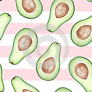 Watercolor seamless pattern of avocado slices on whitepink striped  background photo