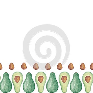 Watercolor seamless pattern avocado. Whole, Half, Ossicle. Horizontal illustration Isolated on white background. Hand photo