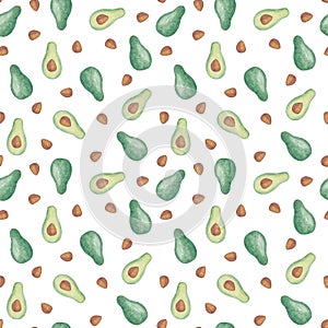 Watercolor seamless pattern avocado. Whole, Half, Ossicle. Summer fresh illustration Isolated on white background. Hand photo