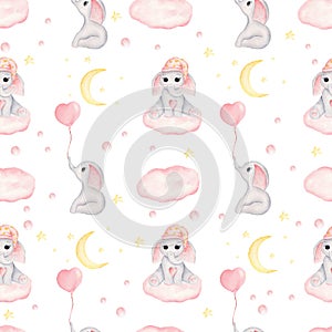 Watercolor seamless pattern with baby girl elephant, hearts, half-moon, clouds.