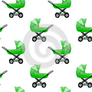 Watercolor seamless pattern of baby strollers isolated