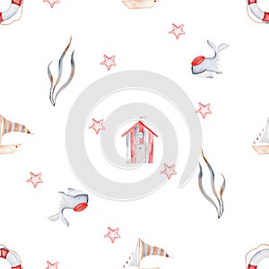 watercolor seamless pattern for baby textile in nautical style. cute characters for kids whale, house, boat, life buoy