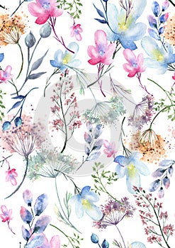 Watercolor seamless pattern, background with a floral pattern. Beautiful vintage drawings of plants, flowers,willow branch, berry