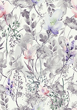 Watercolor seamless pattern, background with a floral pattern. Beautiful vintage drawings of plants, flowers,willow branch, berry