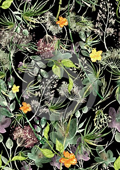 Watercolor seamless pattern, background with a floral pattern. Beautiful vintage drawings of plants, flowers,willow branch, berry