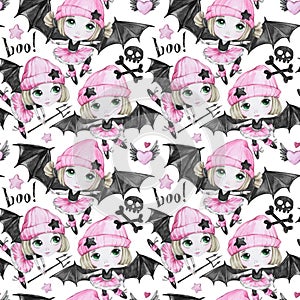 Watercolor seamless pattern. Ballet girls with bat wings and skulls. Dancing little witches. Teenager. Halloween horror