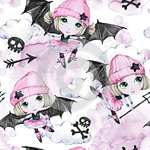 Watercolor seamless pattern. Ballet girls with bat wings and skulls. Dancing little witches. Teenager. Halloween horror