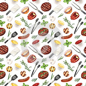 Watercolor seamless pattern barbecue. Elements for cooking bbq - grill, chicken and meat. Hand-drawn illustration