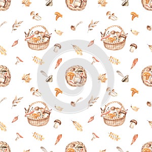 Watercolor seamless pattern with a basket of mushrooms, autumn leaves, mushrooms on a white background