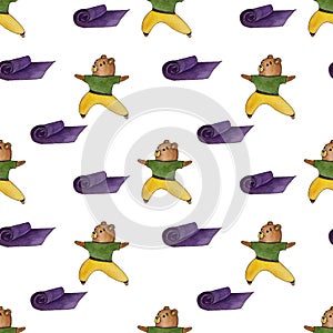 Watercolor seamless pattern with bears doing yoga.