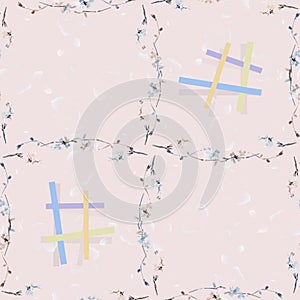 Watercolor seamless pattern of beige branches with violet and yellow squares on a light pink background -7