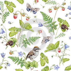 Watercolor seamless pattern with berry and bird