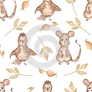 Watercolor seamless pattern with bird and leaves,mouse and dog rose. Hand drawn woodland animals background. Autumn