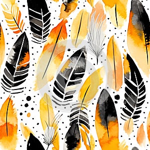 Watercolor seamless pattern with black and gold feathers on a polka-dot background