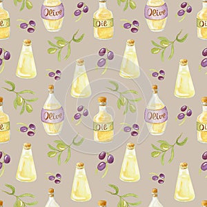 Watercolor seamless pattern with black and green olives Tree branches. Bottles with olive oil. Hand drawn illustration