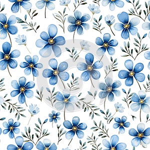 Watercolor seamless pattern with blue flowers isolated on white background
