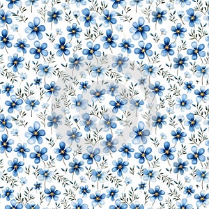 Watercolor seamless pattern with blue flowers isolated on white background