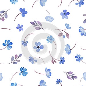 Watercolor seamless pattern with blue flowers, purple leaves isolated on white. Hand drawing floral background