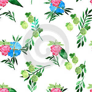 Watercolor seamless pattern with blue flowers and summer berries. Decorative background. Vibrant hand painted elements. Raspberry