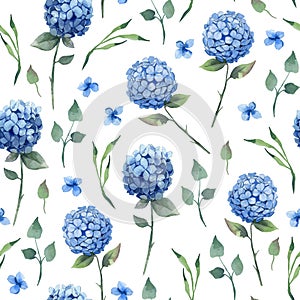 Watercolor seamless pattern. Blue hydrangea with leaves on white background