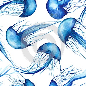 Watercolor seamless pattern with blue jellyfish.