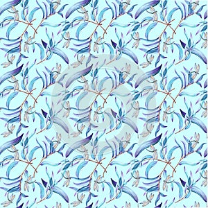 Watercolor seamless pattern with blue leaves and dragonflies.