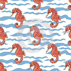 Watercolor seamless pattern on blue sea