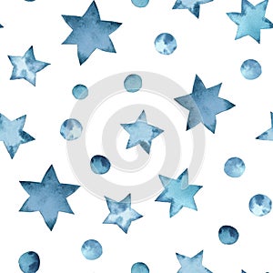 Watercolor seamless pattern. Blue stars and disk on white background