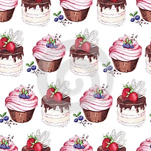 Watercolor Seamless pattern blueberries cupcakes
