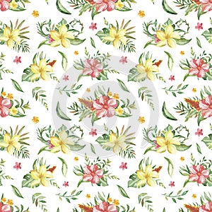 Watercolor seamless pattern with bouquets of tropical flowers, leaves and plants.