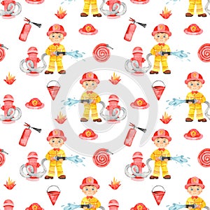 Watercolor seamless pattern with boy fireman and fire equipment