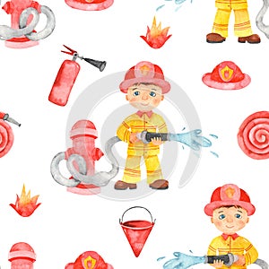 Watercolor seamless pattern with boy fireman and fire equipment on a white background