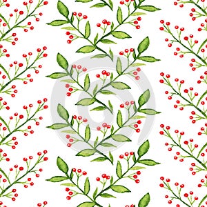 Watercolor seamless pattern with branches, berries and twigs