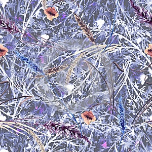 Watercolor seamless pattern with branches. juniper on a branch. Abstract background.Wild grass, wild flower.Immortelle,poppy. Snow